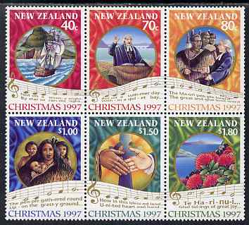 New Zealand 1997 Christmas perf se-tenant block of 6 unmounted mint, SG 2097-2102, stamps on christmas, stamps on ships, stamps on music, stamps on flowers