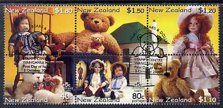 New Zealand 2000 Health - Teddy Bears & Dolls perf se-tenant block of 6 fine used, SG 2360-65, stamps on children, stamps on medical, stamps on teddy bears, stamps on toys, stamps on dolls, stamps on 