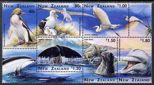New Zealand 1996 Marine Wildlife perf se-tenant block of 6 unmounted mint, SG 1992-97, stamps on marine life, stamps on whales, stamps on dolphins, stamps on birds, stamps on seals, stamps on penguins
