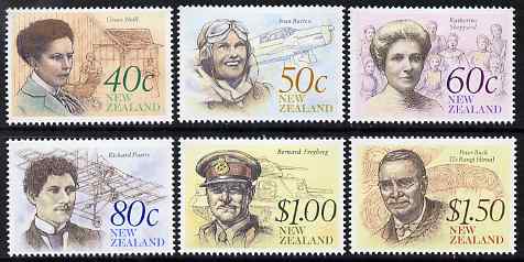 New Zealand 1990 NZ Heritage - 5th issue - Famous New Zealanders perf set of 6 unmounted mint, SG 1548-53, stamps on , stamps on  stamps on personalities, stamps on  stamps on medical, stamps on  stamps on aviation, stamps on  stamps on women, stamps on  stamps on militaria, stamps on  stamps on tanks