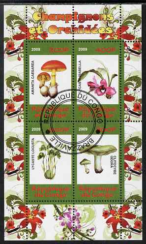 Congo 2009 Fungi & Orchids #1 perf sheetlet containing 4 values cto used , stamps on fungi, stamps on flowers, stamps on orchids