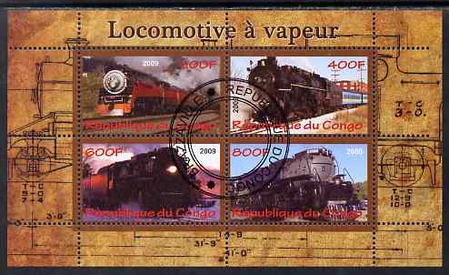 Congo 2009 Steam Locomotives #1 perf sheetlet containing 4 values cto used , stamps on railways