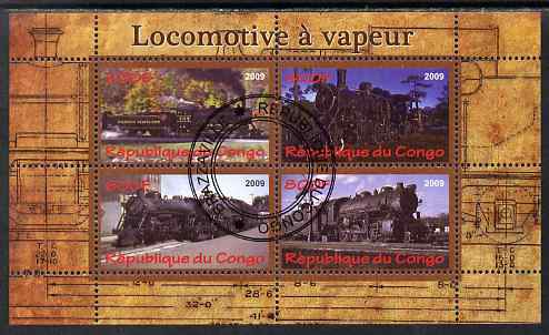 Congo 2009 Steam Locomotives #3 perf sheetlet containing 4 values cto used , stamps on railways