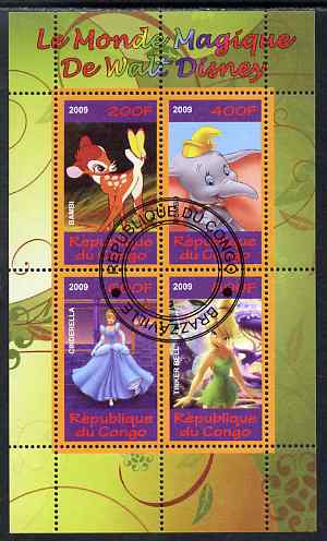 Congo 2009 The Magical World of Walt Disney #3 perf sheetlet containing 4 values cto used , stamps on films, stamps on movies, stamps on cinema, stamps on disney, stamps on cartoons