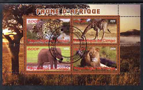 Congo 2009 African Animals perf sheetlet containing 4 values cto used , stamps on animals, stamps on elephants, stamps on giraffes, stamps on lions, stamps on cats, stamps on 