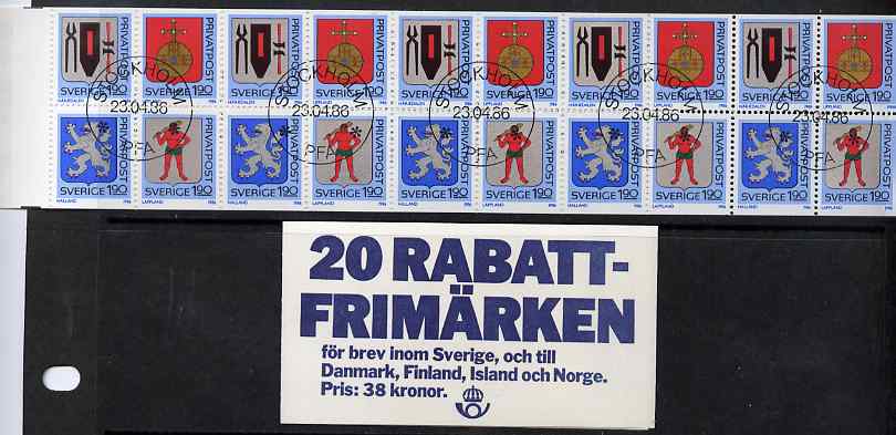 Sweden 1986 Rebate Stamps (Arms of Sweden 6th series) 32k booklet complete and fine with cds cancels, SG SB391, stamps on arms, stamps on heraldry, stamps on gold