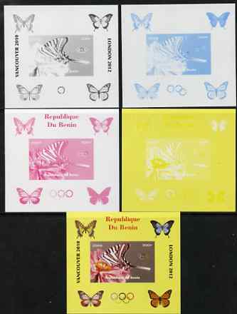 Benin 2009 Butterflies & Olympics #01 individual deluxe sheet the set of 5 imperf progressive proofs comprising the 4 individual colours plus all 4-colour composite, unmounted mint, stamps on olympics, stamps on butterflies