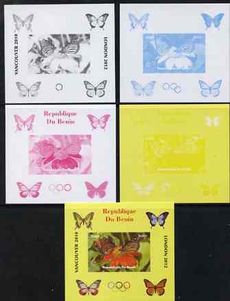 Benin 2009 Butterflies & Olympics #02 individual deluxe sheet the set of 5 imperf progressive proofs comprising the 4 individual colours plus all 4-colour composite, unmounted mint, stamps on olympics, stamps on butterflies