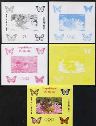 Benin 2009 Butterflies & Olympics #03 individual deluxe sheet the set of 5 imperf progressive proofs comprising the 4 individual colours plus all 4-colour composite, unmounted mint, stamps on olympics, stamps on butterflies