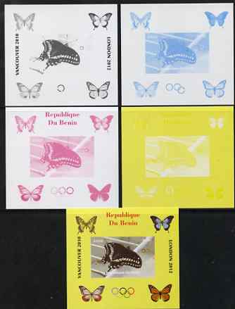 Benin 2009 Butterflies & Olympics #05 individual deluxe sheet the set of 5 imperf progressive proofs comprising the 4 individual colours plus all 4-colour composite, unmounted mint, stamps on olympics, stamps on butterflies