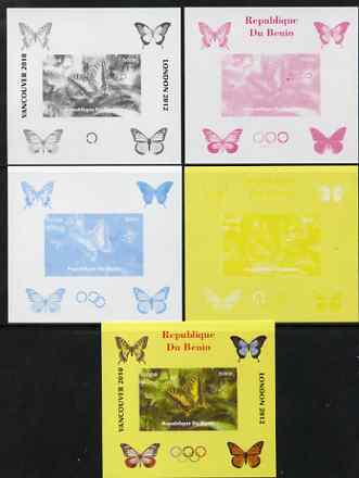 Benin 2009 Butterflies & Olympics #06 individual deluxe sheet the set of 5 imperf progressive proofs comprising the 4 individual colours plus all 4-colour composite, unmounted mint, stamps on olympics, stamps on butterflies