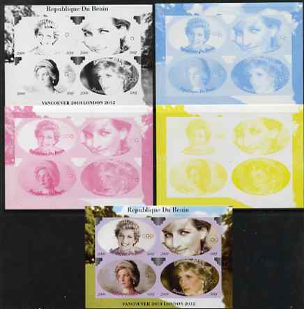 Benin 2009 Princess Diana & Olympics #04 sheetlet containing 4 values, the set of 5 imperf progressive proofs comprising the 4 individual colours plus all 4-colour composite, unmounted mint, stamps on olympics, stamps on diana, stamps on royalty