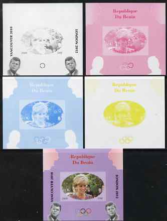 Benin 2009 Princess Diana, Kennedy & Olympics #09 individual deluxe sheet, the set of 5 imperf progressive proofs comprising the 4 individual colours plus all 4-colour co..., stamps on olympics, stamps on diana, stamps on royalty, stamps on personalities, stamps on kennedy, stamps on usa presidents, stamps on americana