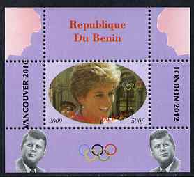 Benin 2009 Princess Diana, Kennedy & Olympics #10 individual perf deluxe sheet, unmounted mint. Note this item is privately produced and is offered purely on its thematic..., stamps on olympics, stamps on diana, stamps on royalty, stamps on personalities, stamps on kennedy, stamps on usa presidents, stamps on americana