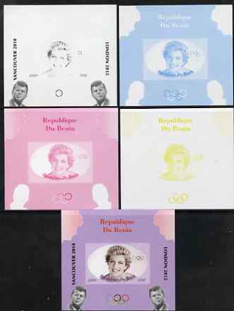 Benin 2009 Princess Diana, Kennedy & Olympics #15 individual deluxe sheet, the set of 5 imperf progressive proofs comprising the 4 individual colours plus all 4-colour co..., stamps on olympics, stamps on diana, stamps on royalty, stamps on personalities, stamps on kennedy, stamps on usa presidents, stamps on americana