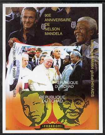Chad 2008 Nelson Mandela 90th Birthday imperf m/sheet #2 with the Pope, also shows Beckham & Gandhi, unmounted mint. Note this item is privately produced and is offered p..., stamps on personalities, stamps on mandela, stamps on aids, stamps on nobel, stamps on personalities, stamps on mandela, stamps on nobel, stamps on peace, stamps on racism, stamps on human rights, stamps on gandhi, stamps on football, stamps on pope