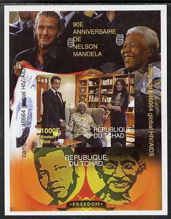 Chad 2008 Nelson Mandela 90th Birthday imperf m/sheet #3 also shows Beckham & Gandhi, unmounted mint. Note this item is privately produced and is offered purely on its thematic appeal. , stamps on personalities, stamps on mandela, stamps on aids, stamps on nobel, stamps on personalities, stamps on mandela, stamps on nobel, stamps on peace, stamps on racism, stamps on human rights, stamps on gandhi, stamps on football