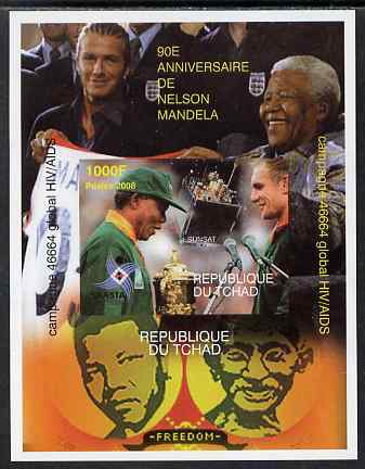 Chad 2008 Nelson Mandela 90th Birthday imperf m/sheet #4 also shows Beckham & Gandhi, unmounted mint , stamps on personalities, stamps on mandela, stamps on aids, stamps on nobel, stamps on personalities, stamps on mandela, stamps on nobel, stamps on peace, stamps on racism, stamps on human rights, stamps on gandhi, stamps on football