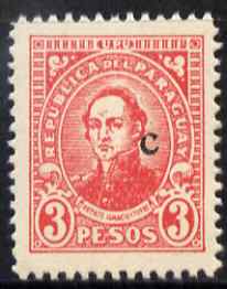 Paraguay 1927-42 Ignacio Yturbe 3p carmine with small 'c' overprint unmounted mint SG 339, stamps on 