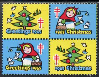 Cinderella - United States 1965 Christmas TB Seal se-tenant block of 4 unmounted mint, stamps on cinderella, stamps on christmas, stamps on  tb , stamps on diseases