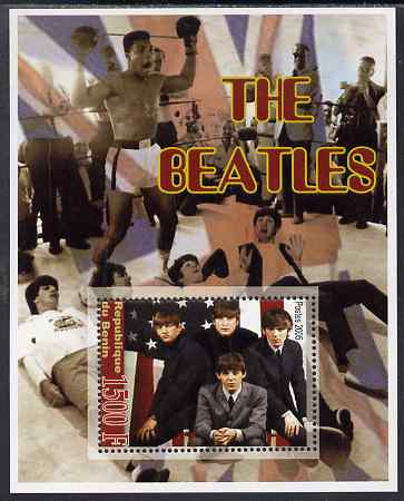 Benin 2005 The Beatles perf souvenir sheet unmounted mint. Note this item is privately produced and is offered purely on its thematic appeal (Mohamed Ali in background), stamps on , stamps on  stamps on personalities, stamps on  stamps on entertainments, stamps on  stamps on music, stamps on  stamps on pops, stamps on  stamps on beatles, stamps on  stamps on rock, stamps on  stamps on boxing