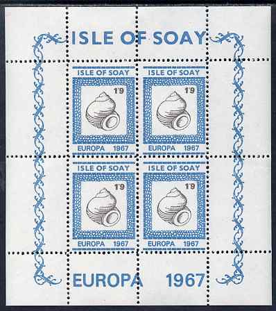 Isle of Soay 1967 Europa (Shells) 1s9d Whelk perf sheetlet of 4 unmounted mint - normal sheets come rouletted but a small quantity were perforated, stamps on europa, stamps on marine life, stamps on shells