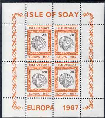 Isle of Soay 1967 Europa (Shells) 2s6d Oyster perf sheetlet of 4 unmounted mint - normal sheets come rouletted but a small quantity were perforated, stamps on europa, stamps on marine life, stamps on shells