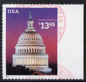 United States 2002 Capitol, Washington $13.65 self adhesive fine cds used still on backing paper, SG 4164, stamps on americana, stamps on constitutions, stamps on self adhesives