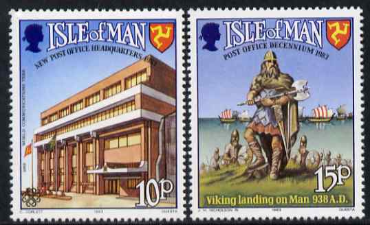 Isle of Man 1983 World Communication Year & 10th Anniversary of IOM Post Office Authority set of 2 unmounted mint, SG 255-56, stamps on postal, stamps on vikings