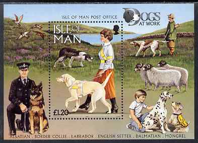Isle of Man 1996 Dogs at Work m/sheet unmounted mint, SG MS725, stamps on dogs, stamps on police, stamps on german shepherd, stamps on  gsd , stamps on disabled, stamps on guide dogs, stamps on hunting, stamps on sheep, stamps on ovine, stamps on border collie, stamps on labrador, stamps on dalmatian, stamps on english setter