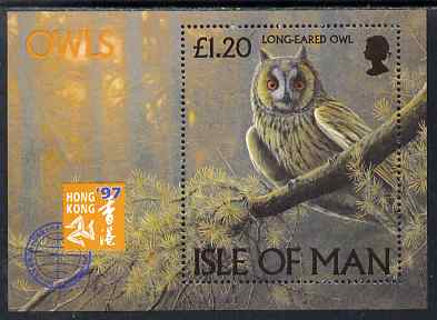 Isle of Man 1997 Owls m/sheet with 'Hong Kong 97' International Stamp Exhibition logo, unmounted mint, SG MS740, stamps on , stamps on  stamps on birds, stamps on  stamps on birds of prey, stamps on  stamps on owls, stamps on  stamps on stamp exhibitions, stamps on  stamps on 
