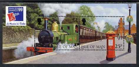 Isle of Man 1998 125th Anniversary of Isle of Man Steam Railway m/sheet with 'Philex France 99' International Stamp Exhibition logo unmounted mint, as SG MS807, stamps on railways, stamps on stamp exhibitions, stamps on postboxes