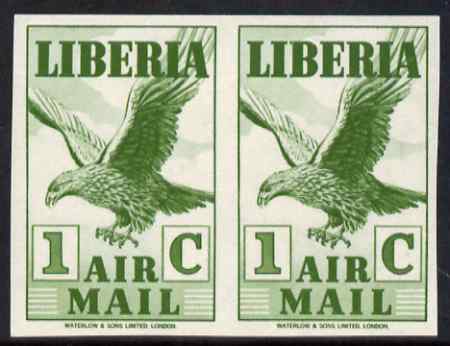 Liberia 1938 Eagle 1c green imperf pair unmounted mint, as SG 565a, stamps on birds, stamps on eagles, stamps on birds of prey