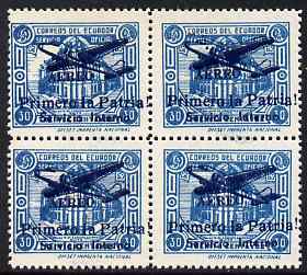 Ecuador 1930s Servicio Interno opt on 30c blue unissued Official stamp block of 4 each with ! instead of full stop after Patria, also with fine set-off on reverse, stamps on aviation