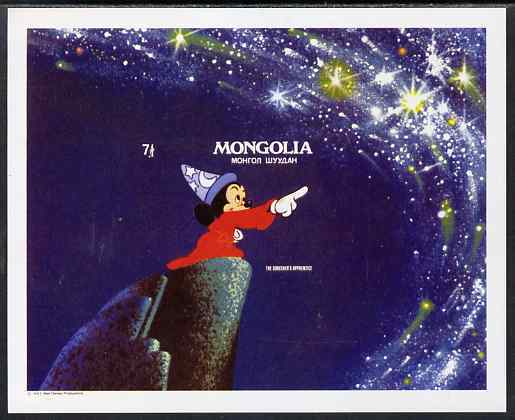 Mongolia 1983 Disney The Sorcerer's Apprentice m/sheet imperf from a limited printing, unmounted mint SG MS 1511, stamps on disney, stamps on fairy tales, stamps on films, stamps on cinema, stamps on cartoons, stamps on 