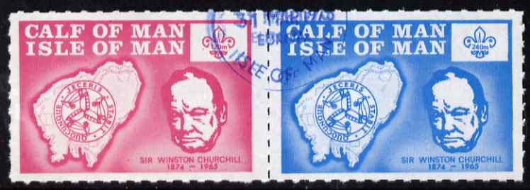 Calf of Man 1973 Churchill & Map (with Scout Logo) rouletted set of 2 fine cds used (Rosen CA249-50), stamps on personalities, stamps on churchill, stamps on constitutions, stamps on  ww2 , stamps on masonry, stamps on masonics, stamps on , stamps on maps, stamps on scouts