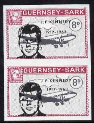 Guernsey - Sark 1966 John F Kennedy overprint on 8d Douglas DC-3 imperf pair unmounted mint, as Rosen CS 92, stamps on personalities, stamps on kennedy, stamps on douglas, stamps on  dc-3 , stamps on usa presidents, stamps on americana, stamps on aviation