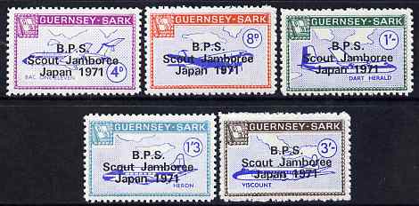 Guernsey - Sark 1971 Scout Jamboree overprint in black on Aircraft perf set of 5 unmounted mint, stamps on scouts, stamps on aviation, stamps on douglas, stamps on  dc-3 , stamps on 