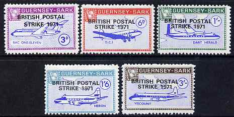 Guernsey - Sark 1971 British Postal Strike overprint in black on Aircraft perf set of 5 unmounted mint, stamps on strike, stamps on postal, stamps on aviation, stamps on douglas, stamps on  dc-3 , stamps on 
