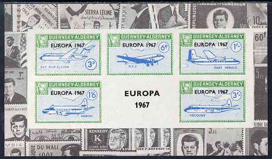 Guernsey - Alderney 1967 Europa overprint on Aircraft imperf deluxe m/sheet with montage of Kennedy stamps in borders, unmounted mint, Rosen CSA 88LS, stamps on , stamps on  stamps on personalities, stamps on  stamps on kennedy, stamps on  stamps on douglas, stamps on  stamps on dc-3, stamps on  stamps on usa presidents, stamps on  stamps on americana, stamps on  stamps on aviation, stamps on  stamps on  bac , stamps on  stamps on bac-111, stamps on  stamps on europa, stamps on  stamps on stamponstamp