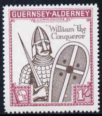 Guernsey - Alderney 1966 900th Anniversary of Norman Conquest 1s sepia & rose perf with Norman Conquest overprint omitted, unmounted mint, Rosen CSA 63var, stamps on vikings, stamps on history, stamps on royalty