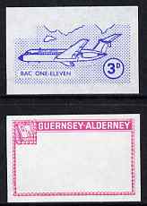 Guernsey - Alderney 1967 Aircraft - 3d BAC-111 imperf proofs comprising the central vignette in blue and the frame in carmine, both unmounted mint as Rosen CSA 77, stamps on aviation, stamps on bac-111, stamps on  bac , stamps on 