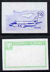 Guernsey - Alderney 1967 Aircraft - 1s6d Heron imperf proofs comprising the central vignette in blue and the frame in emerald, both unmounted mint as Rosen CSA 80, stamps on aviation, stamps on heron