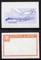 Guernsey - Alderney 1967 Aircraft - 3s Viscount imperf proofs comprising the central vignette in blue and the frame in vermilion, both unmounted mint as Rosen CSA 81, stamps on aviation, stamps on viscount