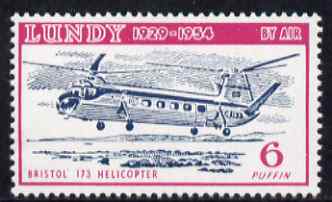Lundy 1954 definitive Airmail 6p Bristol 173 Helicopter unmounted mint Rosen LU 103, stamps on aviation, stamps on helicopters