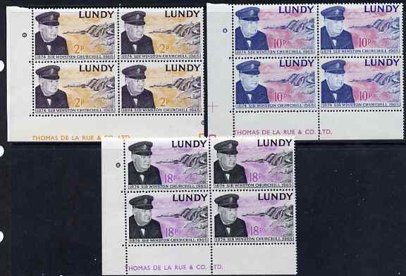 Lundy 1965 Sir Winston Churchill perf set of 3 in De La Rue imprint blocks of 4 unmounted mint Rosen LU 153-55, stamps on personalities, stamps on churchill, stamps on constitutions, stamps on  ww2 , stamps on masonry, stamps on masonics, stamps on 