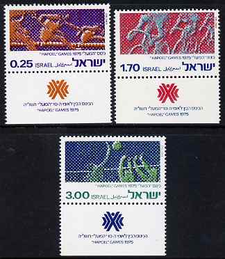 Israel 1975 Hapoel Games perf set of 3 unmounted mint with tabs, SG 601-3, stamps on judaica, stamps on judaism, stamps on sport, stamps on hurdles, stamps on hurdling, stamps on volleyball, stamps on bicycles