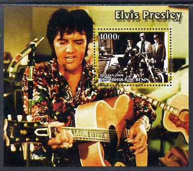 Benin 2006 Elvis Presley #2 (wearing coloured shirt) perf souvenir sheet unmounted mint, stamps on music, stamps on personalities, stamps on elvis, stamps on entertainments, stamps on films, stamps on cinema, stamps on motorbikes