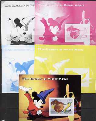 Benin 2004 75th Birthday of Mickey Mouse - Fantasia m/sheet - the set of 5 imperf progressive proofs comprising the 4 individual colours plus all 4-colour composite, unmounted mint, stamps on personalities, stamps on movies, stamps on films, stamps on cinema, stamps on fairy tales, stamps on disney