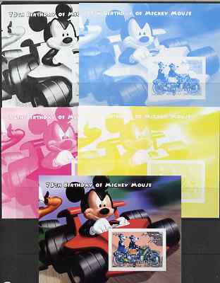Somalia 2004 75th Birthday of Mickey Mouse #19 - Motorcycle m/sheet - the set of 5 imperf progressive proofs comprising the 4 individual colours plus all 4-colour composite, unmounted mint, stamps on disney, stamps on personalities, stamps on films, stamps on cinema, stamps on motorbikes, stamps on cars